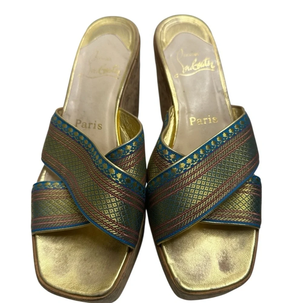 Christian Louboutin Gold and Blue Wedge Sandals, pre-owned, SZ 6.5